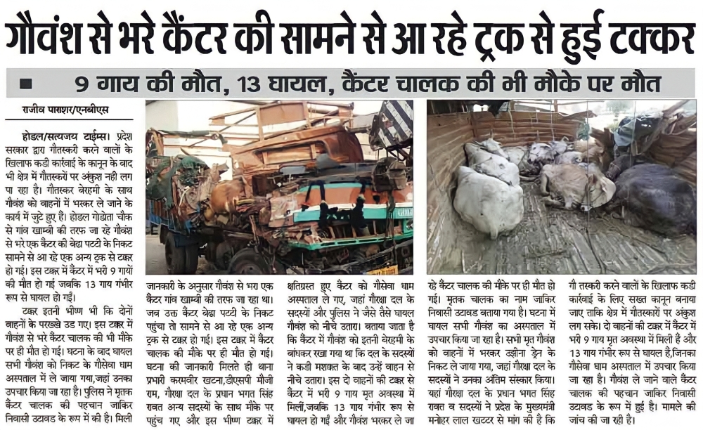 गौवंश से भरे कैंटर की ट्रक से हुई टक्कर